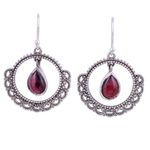 Garnet dangle earrings, 'Mughal Lace' - Cabochon Garnet Dangle Earrings in Sterling Silver