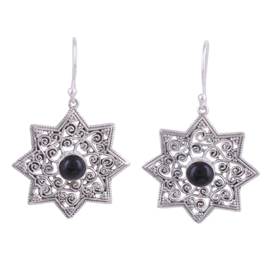 Onyx dangle earrings, 'Mughal Stars' - Star-Shaped Earrings with Onyx and Sterling Silver