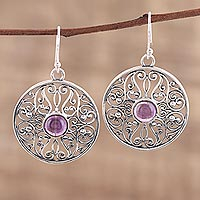 Amethyst dangle earrings, 'Shalimar Gardens' - Amethyst and Sterling Silver Jali Dangle Earrings from India