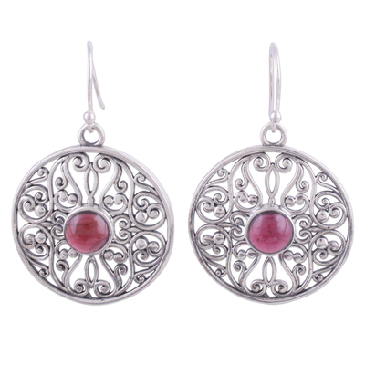 Garnet dangle earrings, 'Shalimar Gardens' - Dangle Earrings Hand Crafted in Sterling with Garnets