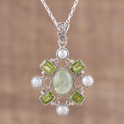 Multi-gemstone pendant necklace, 'Alluring Style' - Peridot and Prehnite Pendant Necklace from India