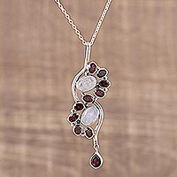 Garnet and rainbow moonstone pendant necklace, 'Sparkling Spiral' - Garnet and Rainbow Moonstone Pendant Necklace from India