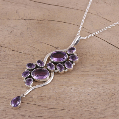Amethyst pendant necklace, 'Sparkling Spiral' - Amethyst and Sterling Silver Pendant Necklace from India