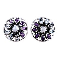 Multi-gemstone button earrings, 'Glittering Stars' - Star-Shaped Multi-Gemstone Button Earrings from India