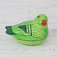 Papier mache box, 'Pretty Parrot' - Green Papier Mache Parrot Keepsake Box from India