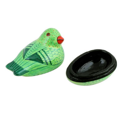 Papier mache box, 'Pretty Parrot' - Green Papier Mache Parrot Keepsake Box from India