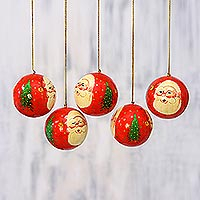 Papier mache ornaments, 'Laughing Santa Claus' (set of 5) - Five Handcrafted Santa Claus Papier Mache Ornaments