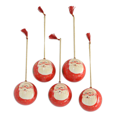 Papier mache ornaments, 'Laughing Santa Claus' (set of 5) - Five Handcrafted Santa Claus Papier Mache Ornaments