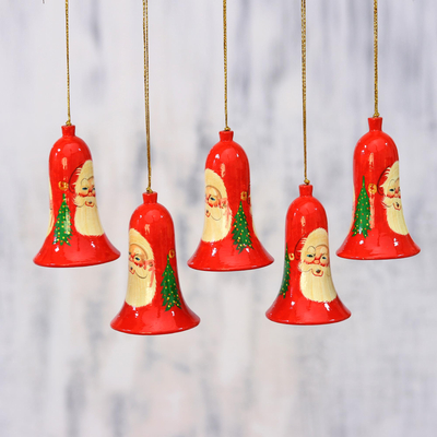 Adornos de papel maché, 'Campanas de Papá Noel' (juego de 5) - Cinco adornos de campanas de papel maché de Papá Noel hechos a mano