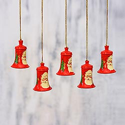Papier mache ornaments, 'Santa Claus Jingle' (set of 5) - Handcrafted Santa Papier Mache Jingle Bell Ornaments