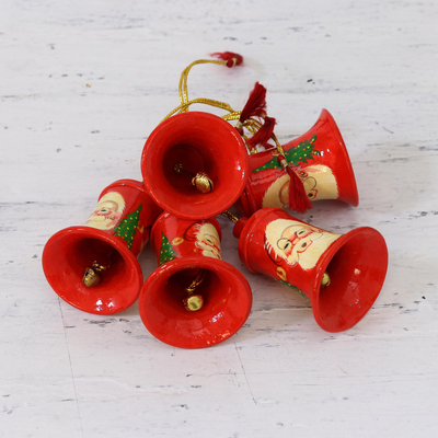 Ornamente aus Pappmaché, 'Santa Claus Jingle' (Satz von 5 Stück) - Handgefertigte Jingle-Bell-Ornamente aus Santa Claus Pappmaché