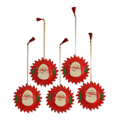 Papier mache ornaments, 'Red Santa Halo' (set of 5) - Handcrafted Claus Papier Mache Ornaments (Set of 5)