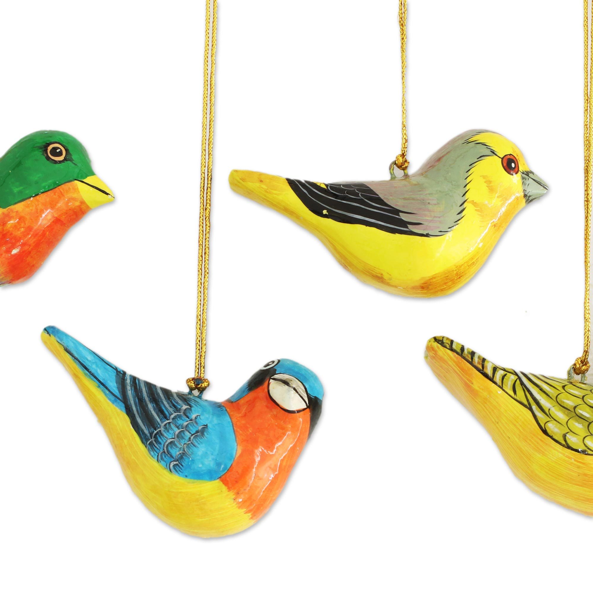 Four Colorful Papier Mache Bird Ornaments from India Chirping