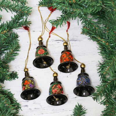 Papier mache ornaments, 'Bells of Kashmir' (set of 5) - Papier Mache Bell Ornaments (Set of 5) from India