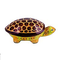 Papier mache decorative box, 'Happy Turtle' - Hand-Painted Papier Mache Turtle Decorative Box from India