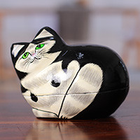 Papier mache decorative box, 'Majestic Cat' - Hand-Painted Papier Mache Cat Decorative Box from India