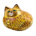 Papier mache decorative box, 'Comfy Cat' - Brown Papier Mache Cat Decorative Box from India