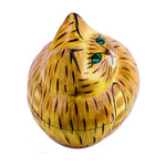 Papier mache decorative box, 'Comfy Cat' - Brown Papier Mache Cat Decorative Box from India