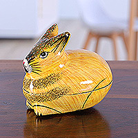 Papier mache decorative box, 'Orange Rabbit' - Hand-Painted Papier Mache Rabbit Decorative Box from India