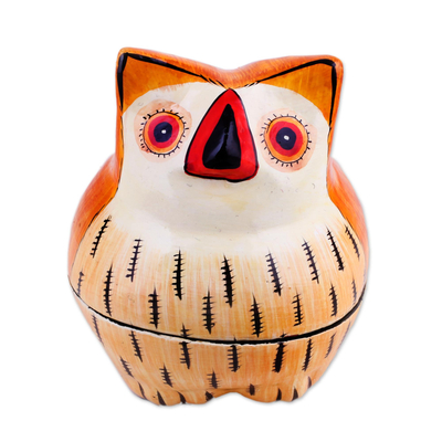 Papier mache decorative box, 'Owl Master' - Hand-Painted Papier Mache Owl Decorative Box from India