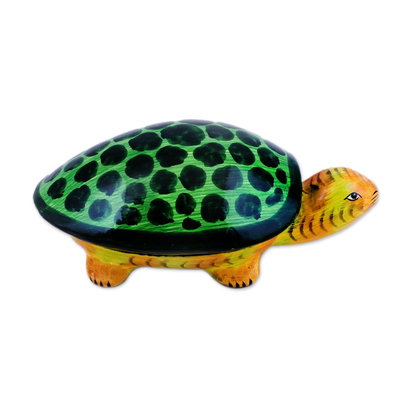 Papier mache decorative box, 'Joyful Turtle' - Papier Mache Turtle Decorative Box from India