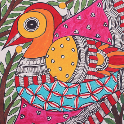 Fotoalbum aus handgeschöpftem Papier, 'Cheerful Bird'. - Madhubani-Papier-Fotoalbum mit Vogelmotiven aus Indien