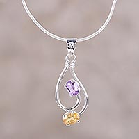 Rhodium plated amethyst and citrine pendant necklace, 'Delhi Distinction' - Rhodium Plated Amethyst and Citrine Necklace from India