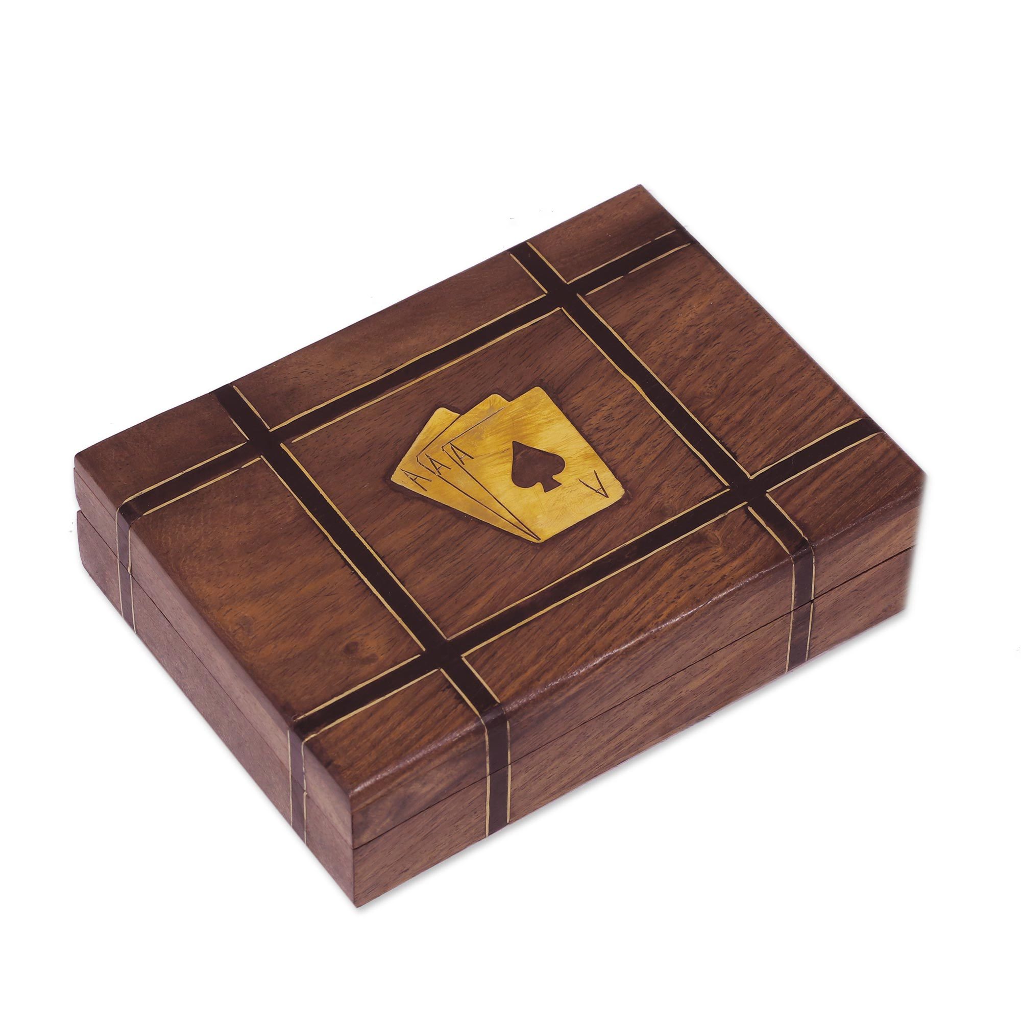 Indian Acacia Wood Card Holder with Two Card Decks Double Delight