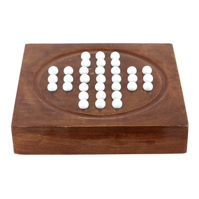 Wood solitaire game, 'Rainy Day Challenge' - Acacia Wood and White Glass Marble Solitaire Board Game
