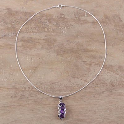 Rhodium plated amethyst pendant necklace, 'Ardent Drops' - Rhodium Plated Amethyst Pendant Necklace from India