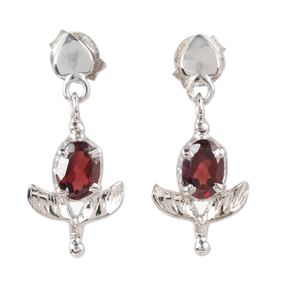 Rhodium plated garnet dangle earrings, 'Regal Scarlet' - Rhodium Plated Garnet Dangle Earrings from India