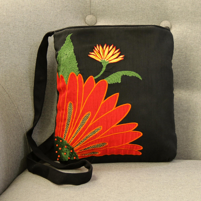 Cotton blend sling, 'Lovely Blossom' - Embroidered Floral Cotton Sling Handbag from India