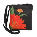 Cotton blend sling, 'Lovely Blossom' - Embroidered Floral Cotton Sling Handbag from India