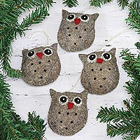 Wool ornaments, 'Midnight Quartet' (set of 4) - Set of Four Handcrafted Wool Owl Ornaments from India