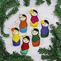 Wool felt ornaments, 'Best Friends' (set of 6) - Set of Six Colorful Wool Ornaments from India