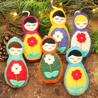 Wool felt ornaments, 'Sleeping Beauties' (set of 6) - Set of Four Floral Wool Ornaments from India