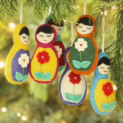 Wool felt ornaments, 'Sleeping Beauties' (set of 6) - Set of Four Floral Wool Ornaments from India