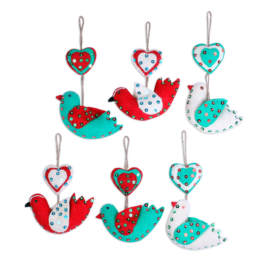 Wool felt ornaments, 'Love Messengers' (set of 6) - Heart and Bird-Shaped Wool Ornaments (Set of 6) from India