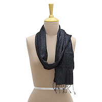 Silk scarf, 'Meteor Shower' - 100% Silk Reversible Midnight Blue and Ivory Pinstripe Scarf