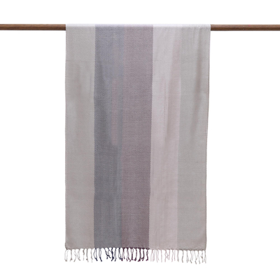 Silk shawl, 'Peaceful Harmony' - 100% Silk Neutral Striped Shawl with Fringe from India