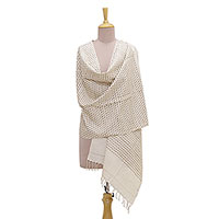 Silk shawl, 'Checkered Beauty in Taupe' - Handmade Champagne and Taupe Patterned Indian Eri Silk Shawl