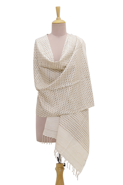 Handmade Champagne and Taupe Patterned Indian Eri Silk Shawl