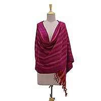 Silk shawl, 'Glamorous Fusion' - 100% Silk Striped Shawl in Red Orange Scarlet and Purple
