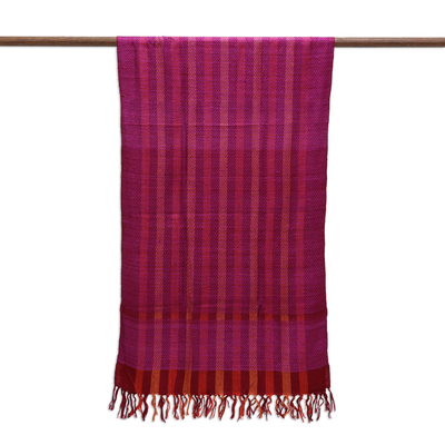 Silk shawl, 'Glamorous Fusion' - 100% Silk Striped Shawl in Red Orange Scarlet and Purple