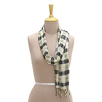 Silk scarf, 'Delightful Checks in Green' - Hand Woven Silk Green and Blue Checkered Scarf from India