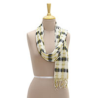 Silk scarf, 'Delightful Checks in Yellow' - Hand Woven Yellow and Blue Checkered Silk Scarf from India
