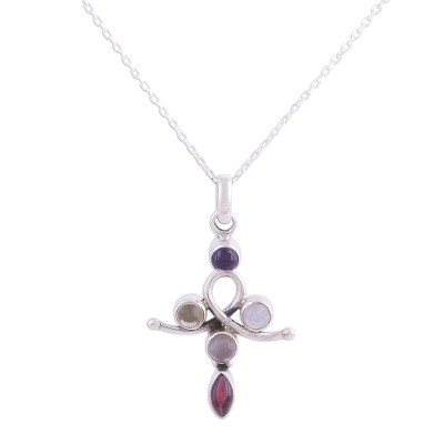 Multi-gemstone pendant necklace, 'Curvy Cross' - Cross-Shaped Multi-Gemstone Pendant Necklace from India