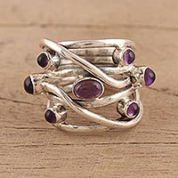 Amethyst cocktail ring, 'Intertwined Delight' - Multi-Stone Amethyst Cocktail Ring from India