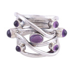 Amethyst cocktail ring, 'Intertwined Delight' - Multi-Stone Amethyst Cocktail Ring from India