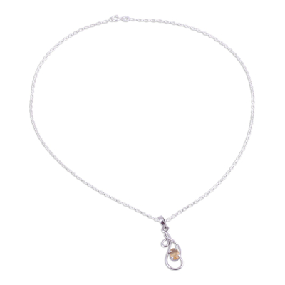 Rhodium plated citrine pendant necklace, 'Sunny Twist' - Rhodium Plated Citrine Pendant Necklace from India